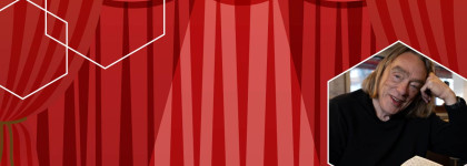 Red theater curtain graphic with white hexagon outlines and a hexagon-framed photo of Eugene Stickland sitting beside an open notebook and eyeglasses.