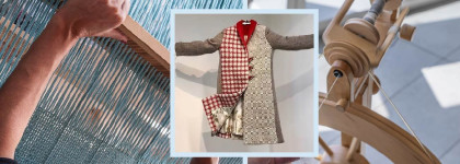 A close up of a weaving loom and an image of a completed patterned coat to promote 40 mile coat 