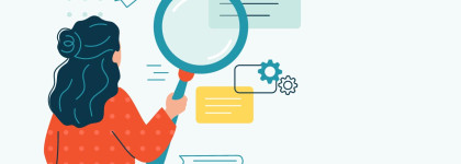 Illustration of a person examining information with a magnifying glass, symbolizing research, learning, and job search activities.