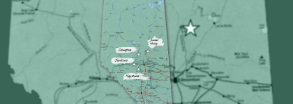 Green map graphic of Alberta with marked locations over a blurred map used to promote Historian in Residence: Alberta and the African American Search for Freedom