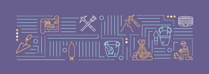 Archaeology-themed illustration with excavation tools, artifacts, pottery, and survey equipment on a purple background.