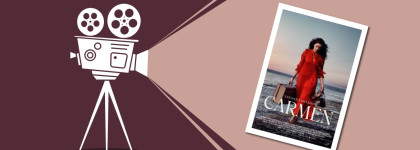 Illustration of a vintage film projector shining light onto a tilted movie poster for Carmen, which shows a woman in a red dress standing on a beach holding a suitcase.