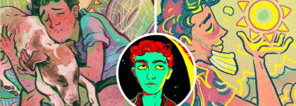 three sketches of a man alone with a dog or holding a sun used for program digital categorizing the graphic novel