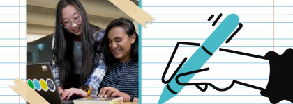 Two teens working together on a laptop beside a large illustration of a hand holding a pen, representing creative writing and learning.