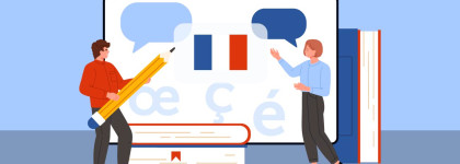 Illustration of two people practising French, standing beside a large display showing French letters, speech bubbles, and a French flag, with books and a pencil in the foreground.
