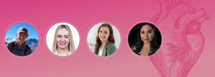 Banner graphic featuring four speaker headshots arranged in a row on a pink background with a faint anatomical heart illustration, representing a women's heart health topic.