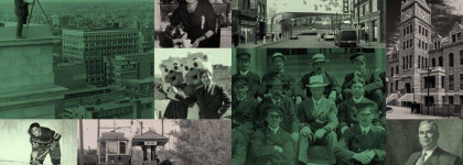 Green and grey collage of historic Calgary images, including city views, portraits, a streetcar, a hockey player, group photos, and historic buildings.