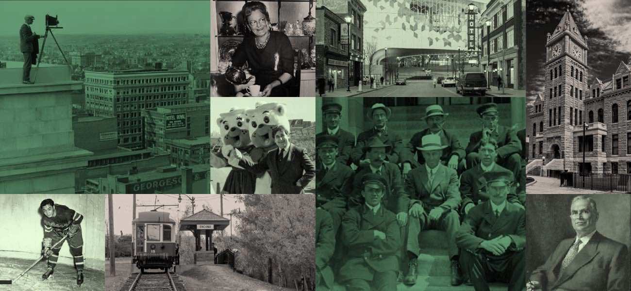 background image: Green and grey collage of historic Calgary images, including city views, portraits, a streetcar, a hockey player, group photos, and historic buildings.