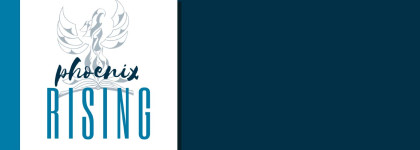 Graphic with a stylized phoenix rising from an open book and the text “Phoenix Rising” on a blue background.
