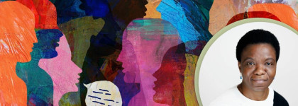 Colourful silhouettes of people and a photo of a woman to promote looking beyond racial discrimination