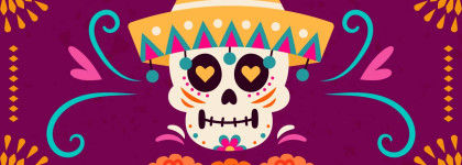 Colorful decorative skull wearing a sombrero on a purple background with floral and swirl patterns.