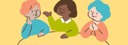 graphic of three seniors sitting around a table talking at drop in social club