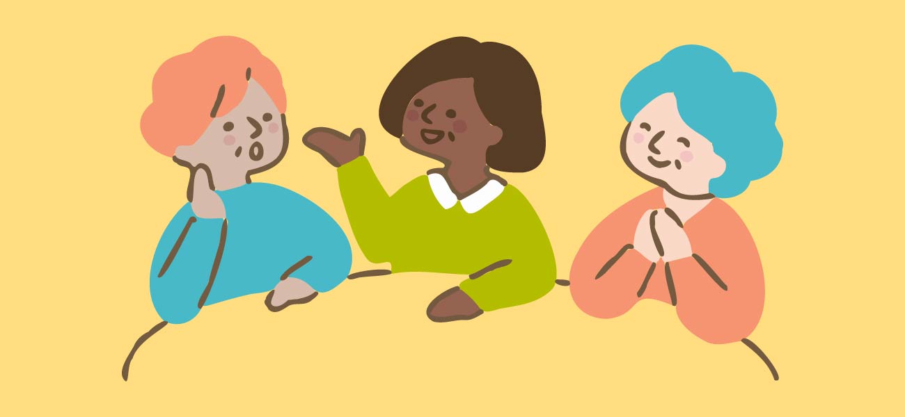 background image: graphic of three seniors sitting around a table talking at drop in social club