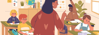 Illustration of a classroom with a teacher and students working at desks, writing in notebooks and participating in a lesson.