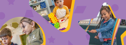 Children participating in classroom and play activities, shown within colorful shapes on a purple background.