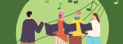 An illustration of a group of people singing in a choir with a green background.