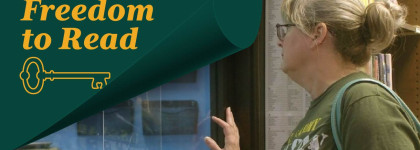 film freedom to read banner green page with yellow key and woman looking through a window