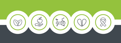 Banner with five connected wellness icons: leaf, apple, exercise bike, heart, and ribbon. Green and dark gray background separated by a white band.