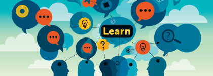Illustration of people learning and sharing ideas, with speech bubbles, symbols, and the word “Learn” connected above them.