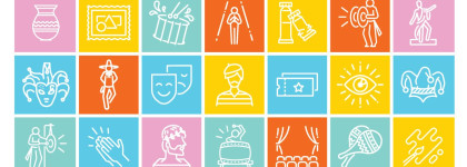 Colourful grid of arts and culture icons, including visual art, theatre, dance, music, performance, and creative activities.