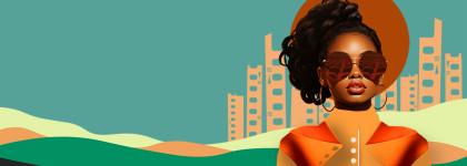 A black woman with sunglasses and a large rimmed hat stands in front of a city made of film strips.