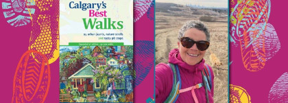 Book cover for Calgary’s Best Walks beside a photo of a person hiking with a dog on a trail.