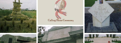 Collage of war memorial photos including stone monuments, bunkers, and grave markers, with a central image showing an illustration of a feathered headdress and the text “Calling Home Ceremony.