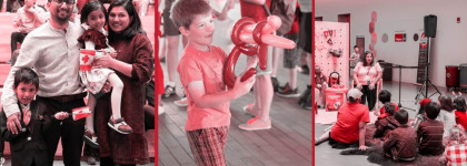 Collage of photos in red showing a family holding Canada flags, a child holding a balloon animal, and an audience of children watching a story time