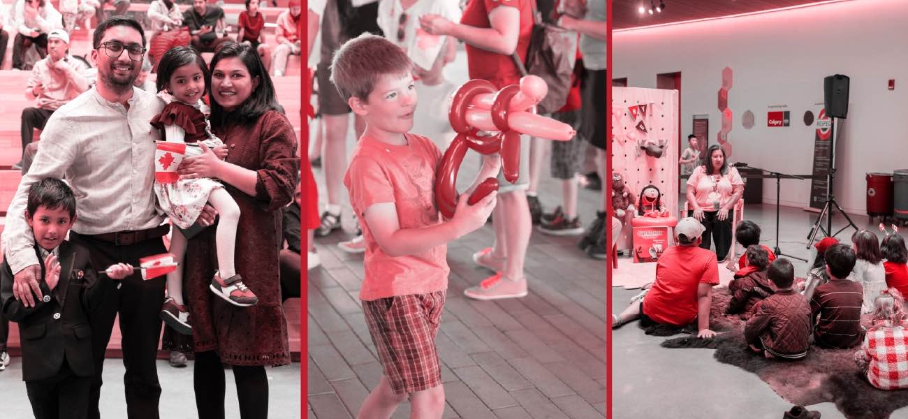 background image: Collage of photos in red showing a family holding Canada flags, a child holding a balloon animal, and an audience of children watching a story time for Canada Day 2026.