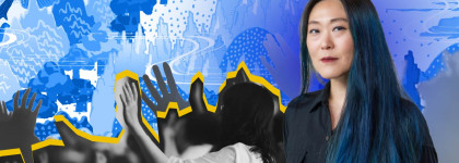 Graphic used for The Chair of Christian Thought Bentall Lecture on Education and Theology in shades of blue featuring a person and a crowd in the background