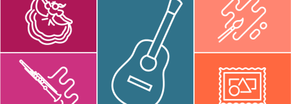 Icons of a guitar, dancer, clarinet, paintbrush, and framed art in colourful blocks.