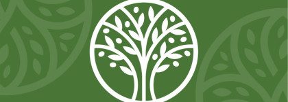White tree icon with leaves on a green background with subtle leaf patterns.
