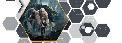Graphic featuring the movie Rampage with giant creatures towering behind a man in a destroyed city, surrounded by a grey hexagon and science-themed background.