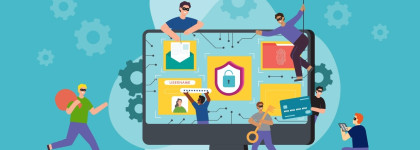 Graphic of masked people attempting to access personal information around a computer screen displaying email, username, fingerprint, credit card, and security icon depicting Digital Digitalization and Fraud Prevention.