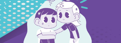 Illustration of one person offering support to another, symbolizing empathy, connection, and mental health awareness.