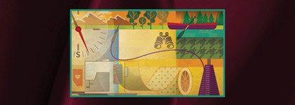 Discover Circular Textiles Film Screening Artistic image including a clock, sewing machine, vase, binoculars, mountains and a canoe