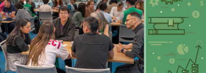 People sit in small groups at tables, with a green illustrated panel on the left showing books, gears, dollar signs, coins, and a rising chart.