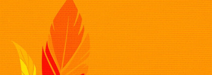 Stylized yellow, orange, and red leaves on a bright orange background with space for text.