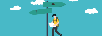A traveler looking at a map at a crossroad.