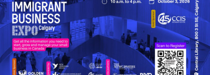 Immigrant Business Expo Calgary poster with event details, location, sponsor logos, and a QR code for registration.