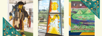 Three photos of indigenous art, including regalia and placemaking stained glass and painting.