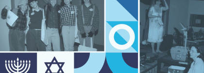 A collage featuring vintage photos of Jewish community events and symbols.