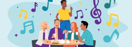An illustration of a group of people enjoying a meal at a musical dinner theatre.