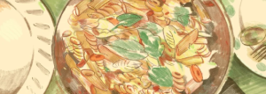 Colourful sketch drawing of a bowl of pasta for the Newcomers Artist in Residence Recipes Program