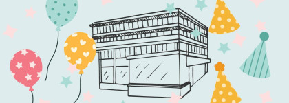 Festive illustration of a Nicholls Library surrounded by balloons, party hats, and confetti on a light blue background.