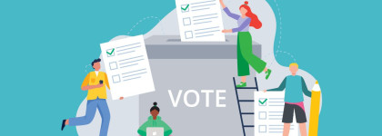 Illustrated graphic showing several people submitting and reviewing ballot forms around a large ballot box labeled “VOTE,” representing participation in a provincial referendum or election.Referendum