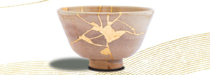 Ceramic bowl repaired with gold, set against a white background with flowing gold lines used for Silence in Cinema promotion.