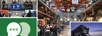 speech bubble vintage cars wagon and crowd of people at Heritage Park event 1300x600