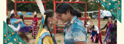 Sweet Summer Powwow Film Screening poster of an indigenous couple facing each other with their foreheads together