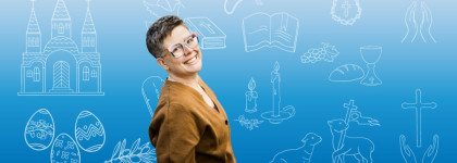 Person in yellow sweater smiling with blue background and white graphics used to promote Iwaasa Lecture On Urban Theology_1300x600